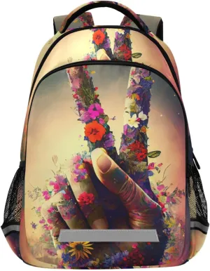 AIXIWAWA Hand Peace Sign Floral Backpack for Travel Hiking, Unisex Laptop Backpack Daypacks with Padded Straps and Back 11.64.916.7 IN