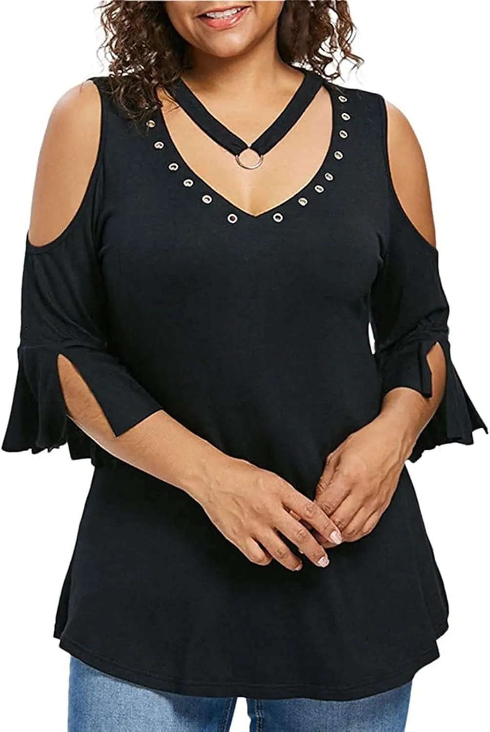 Binmer Womens Plus Size Cold Shoulder Tunic Tops Trendy Dressy Strappy V Neck Shirts Casual Loose Fit Solid 3/4 Sleeve Blouse