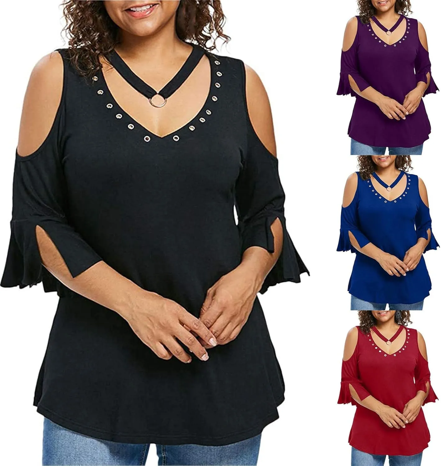 Binmer Womens Plus Size Cold Shoulder Tunic Tops Trendy Dressy Strappy V Neck Shirts Casual Loose Fit Solid 3/4 Sleeve Blouse