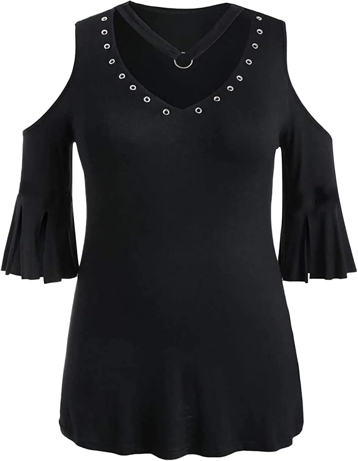 Binmer Womens Plus Size Cold Shoulder Tunic Tops Trendy Dressy Strappy V Neck Shirts Casual Loose Fit Solid 3/4 Sleeve Blouse