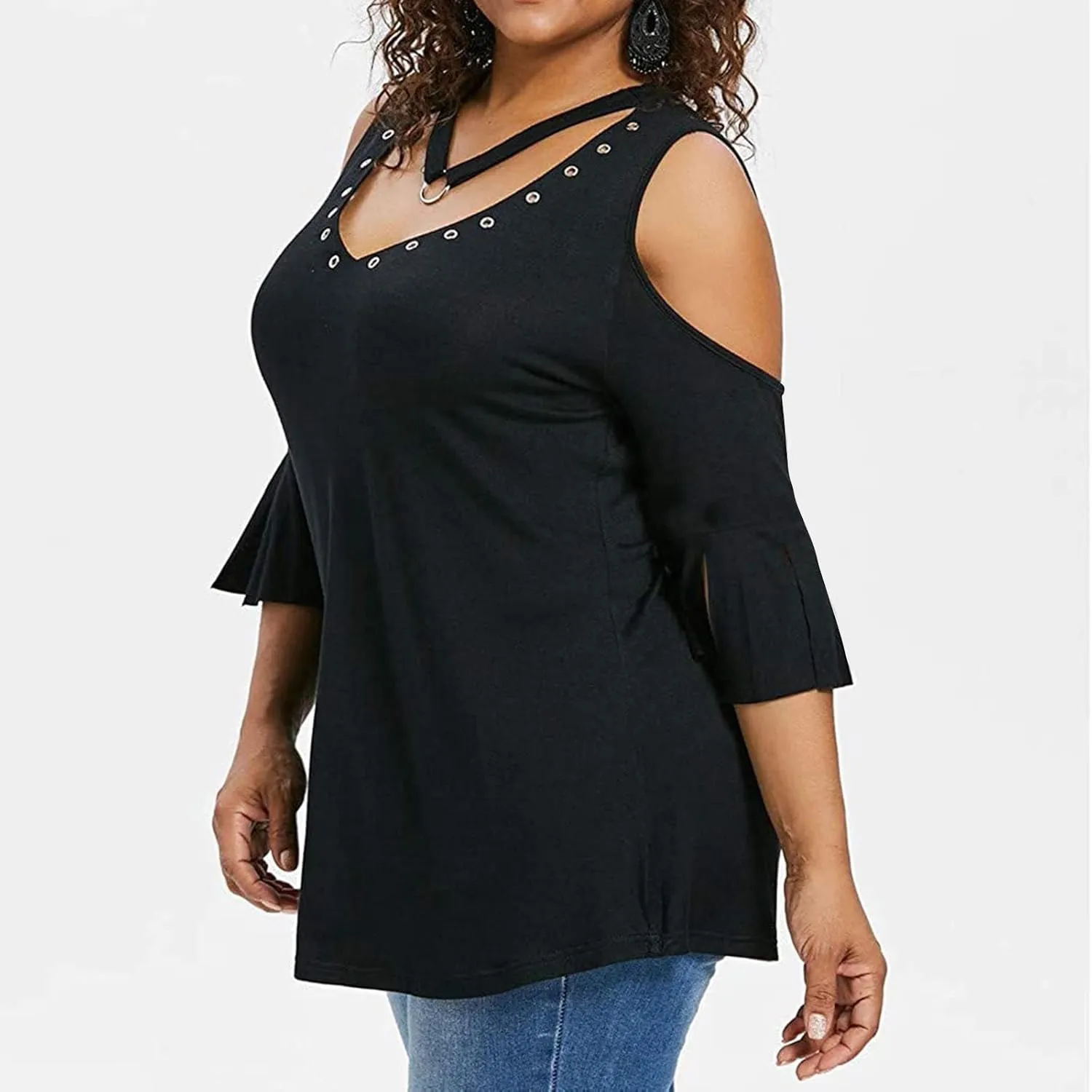 Binmer Womens Plus Size Cold Shoulder Tunic Tops Trendy Dressy Strappy V Neck Shirts Casual Loose Fit Solid 3/4 Sleeve Blouse