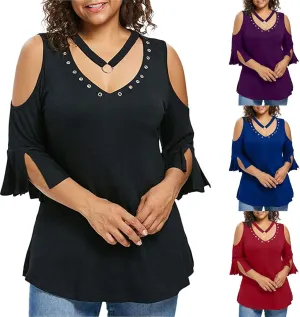 Binmer Womens Plus Size Cold Shoulder Tunic Tops Trendy Dressy Strappy V Neck Shirts Casual Loose Fit Solid 3/4 Sleeve Blouse