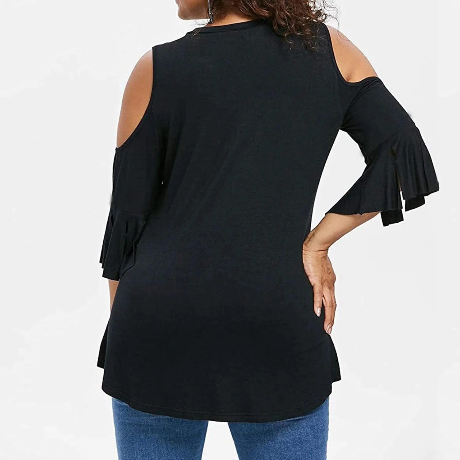 Binmer Womens Plus Size Cold Shoulder Tunic Tops Trendy Dressy Strappy V Neck Shirts Casual Loose Fit Solid 3/4 Sleeve Blouse