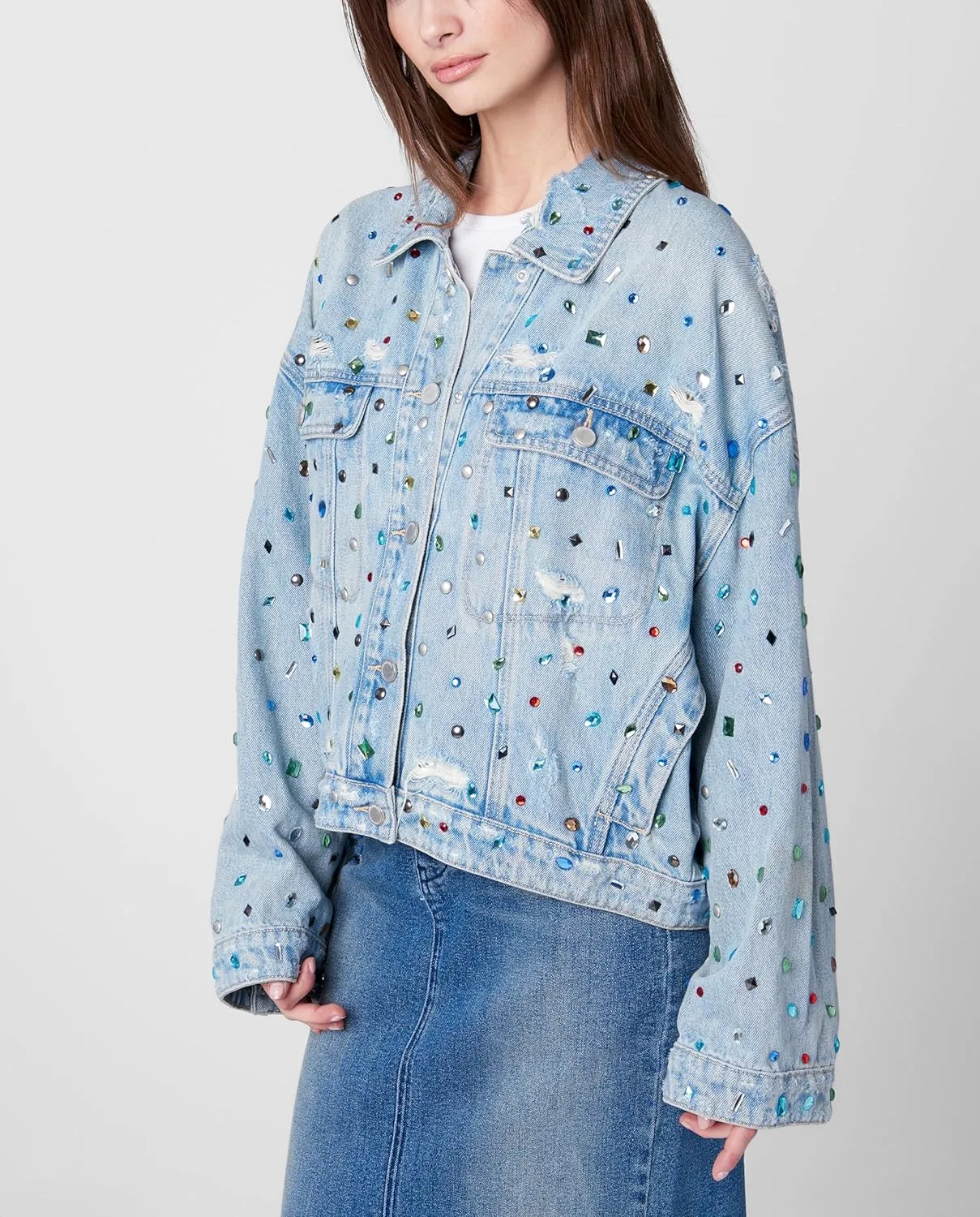 [BLANKNYC] Womens Oversized Sustainable Multi Color Embellished Denim TruckerTrucker