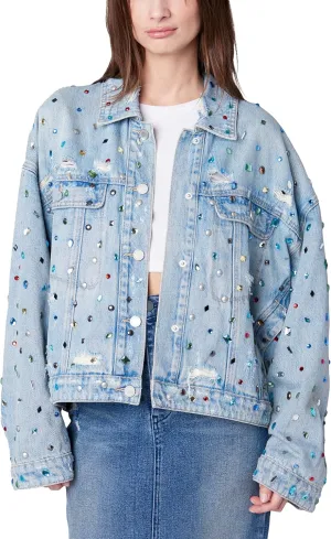 [BLANKNYC] Womens Oversized Sustainable Multi Color Embellished Denim TruckerTrucker