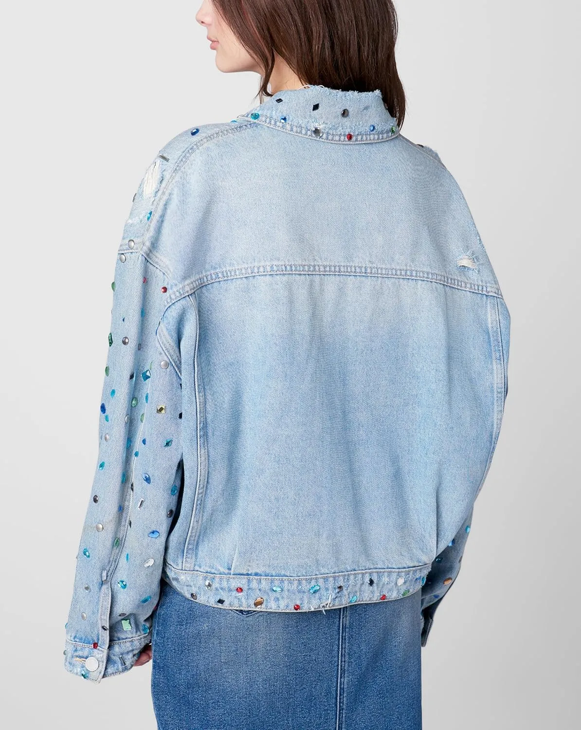 [BLANKNYC] Womens Oversized Sustainable Multi Color Embellished Denim TruckerTrucker