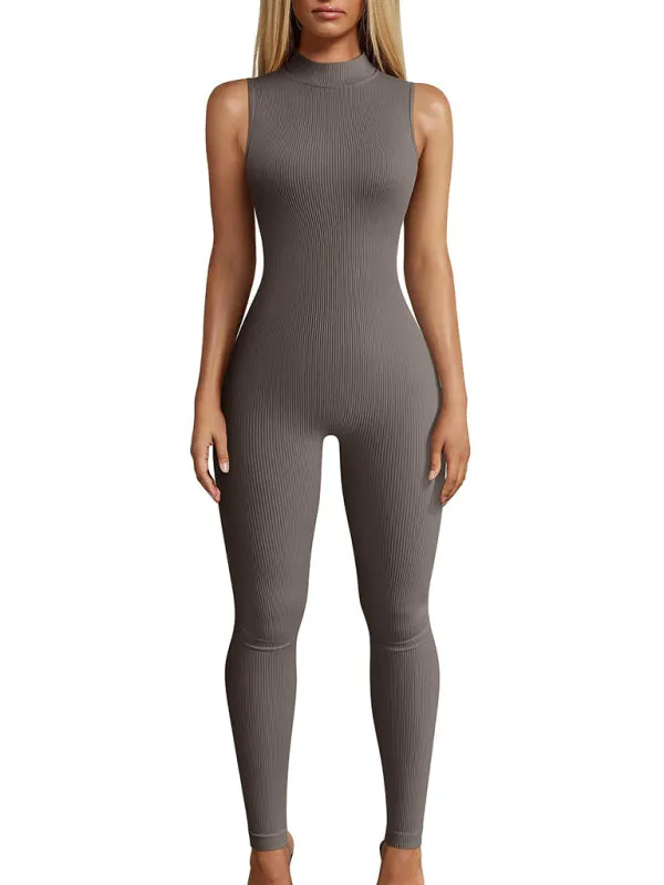 Blue Zone Planet |  Nina's Slim Fit Ribbed Sleeveless Turtleneck Yoga Jumpsuit