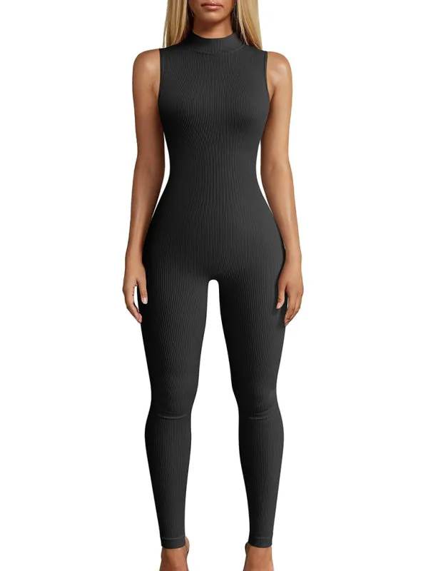 Blue Zone Planet |  Nina's Slim Fit Ribbed Sleeveless Turtleneck Yoga Jumpsuit