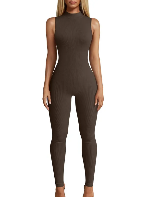 Blue Zone Planet |  Nina's Slim Fit Ribbed Sleeveless Turtleneck Yoga Jumpsuit