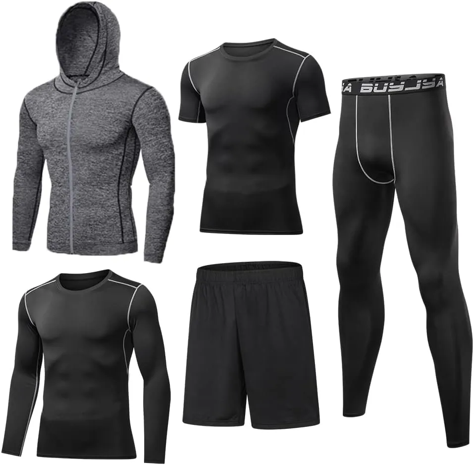 BUYJYA 5Pcs Men's Compression Pants Shirt Top Long Sleeve Jacket Athletic Sets Gym Clothing Mens Workout