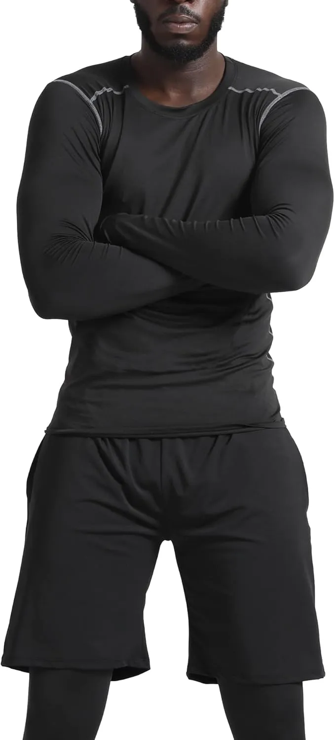 BUYJYA 5Pcs Men's Compression Pants Shirt Top Long Sleeve Jacket Athletic Sets Gym Clothing Mens Workout