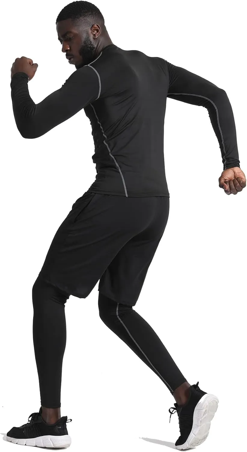 BUYJYA 5Pcs Men's Compression Pants Shirt Top Long Sleeve Jacket Athletic Sets Gym Clothing Mens Workout