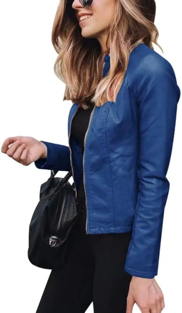 Canbebig Womens Faux Leather Jackets Zip Up Suit Jackets Slim Fit Coats Casual Lightweight Outwear Moto Biker Jackets