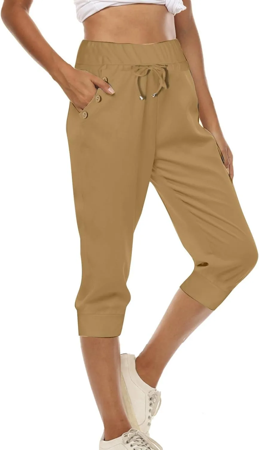 Capri Pants for Women High Waisted Drawstring Joggers Stretch Lightweight Casual Hiking Pant Capri with Pocket