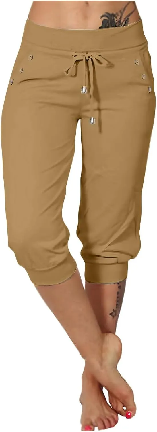 Capri Pants for Women High Waisted Drawstring Joggers Stretch Lightweight Casual Hiking Pant Capri with Pocket