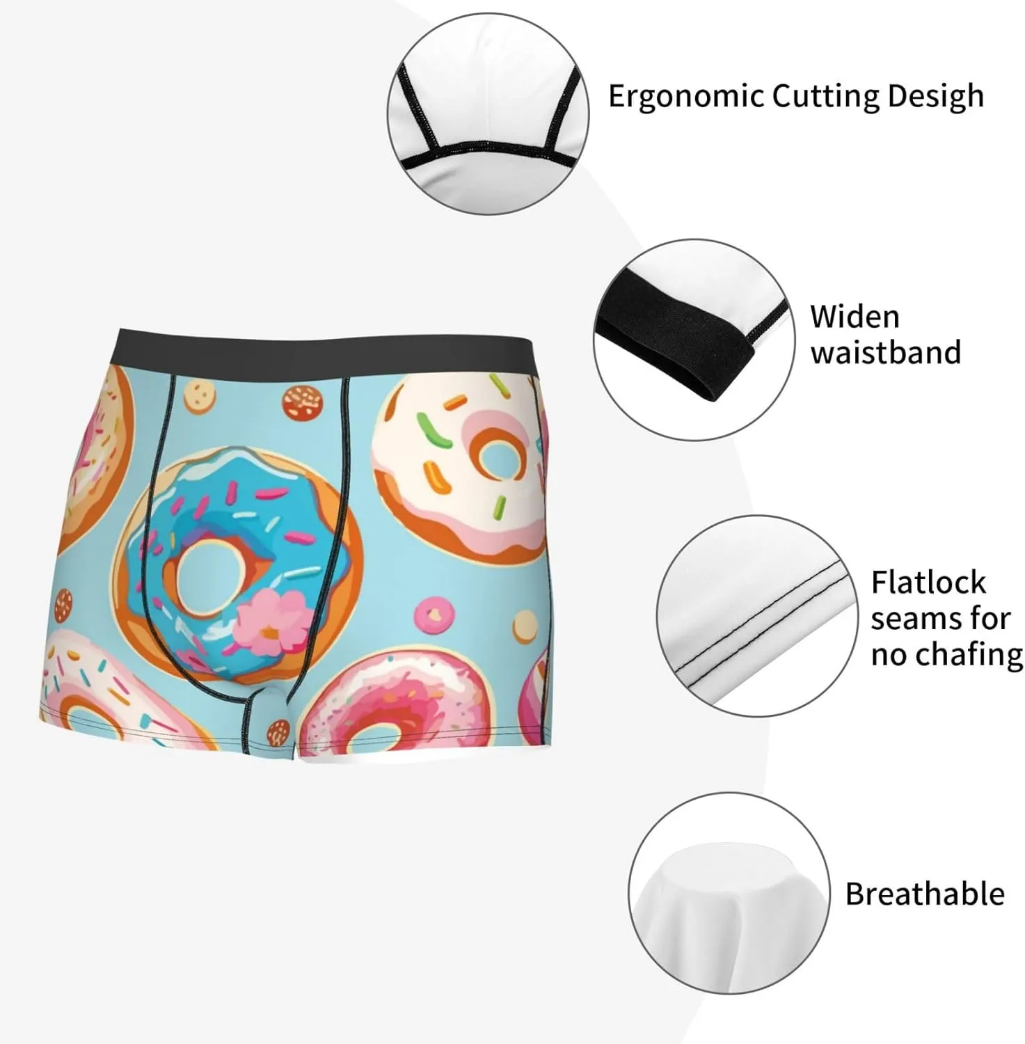 Colorful Donut Print Boxer Briefs For Men Breathable Underwear-