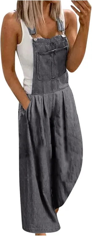 Denim Bib Pants for Womens, Fall Wide Leg Loose Jeans Jumpsuits, Women Summer Caual Work Overalls with Pockets