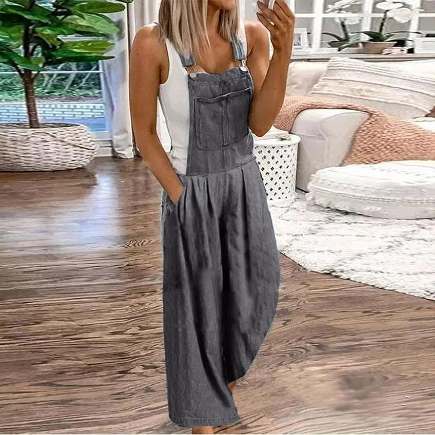 Denim Bib Pants for Womens, Fall Wide Leg Loose Jeans Jumpsuits, Women Summer Caual Work Overalls with Pockets