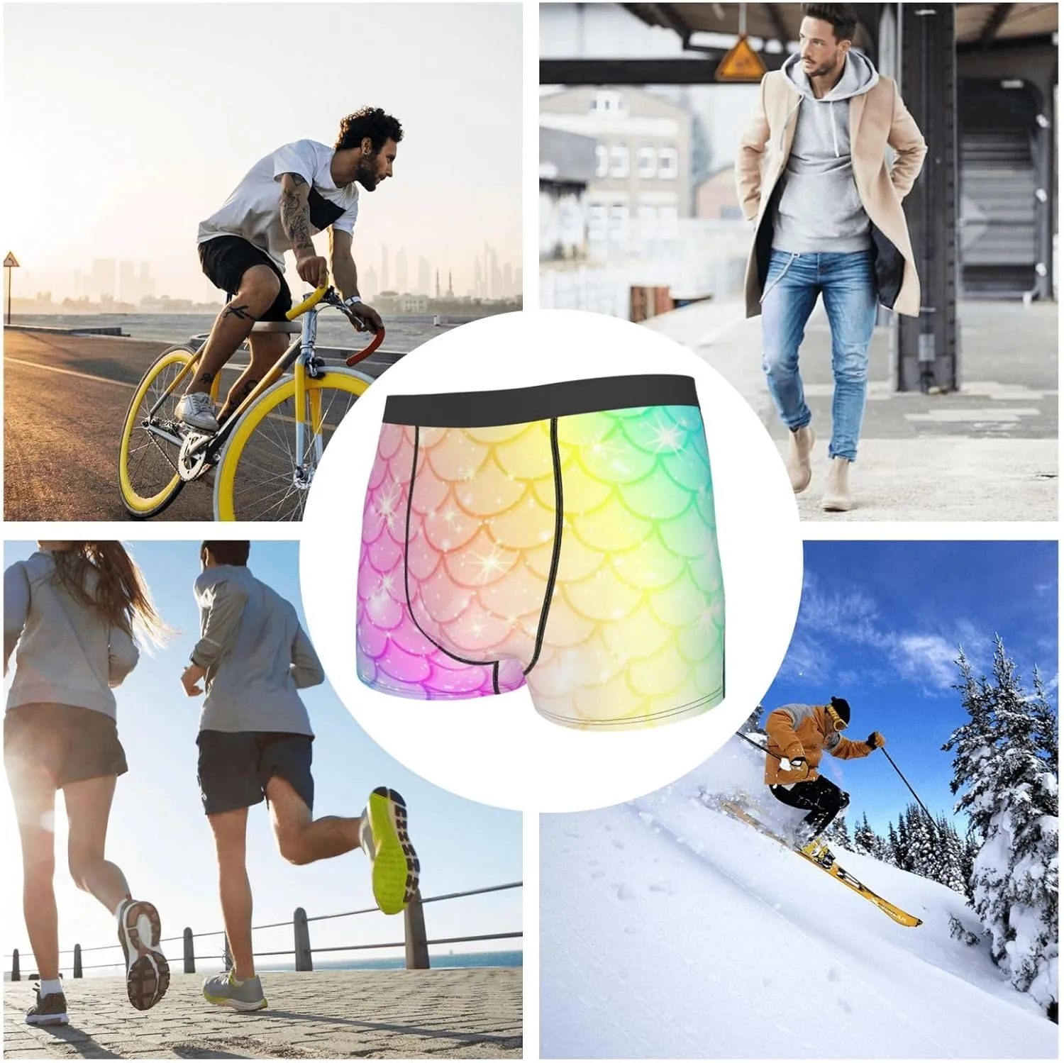 Fish Scale Print Boxer Briefs For Men Breathable Underwear-
