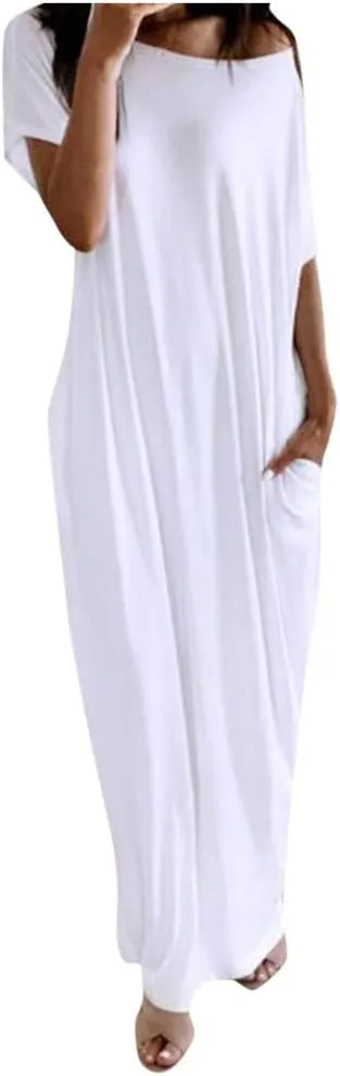 Floral Dress for Women,Casual Short Sleeve Crewneck Shirt Dress Aline Swing Flowy Tiered Maxi Beach Long Dresses