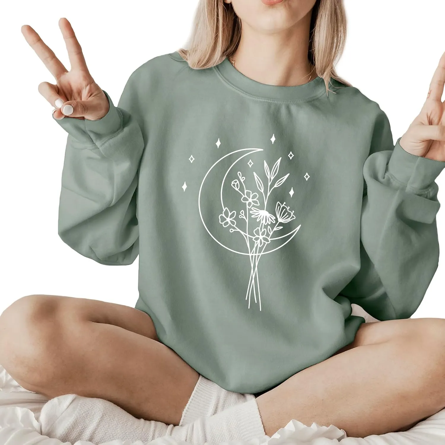 Flower and moon botanical plant Women's Long Sleeve Crewneck Sweatshirt flower Print Graphic Shirts Pullover Tops