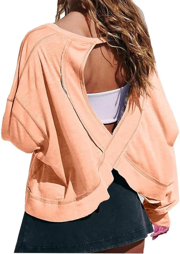 FMCHICO Backless Top for Women Crop Oversized Crewneck Pullovers Casual Loose Long Sleeve Shirts Running Y2k Yoga Outfits