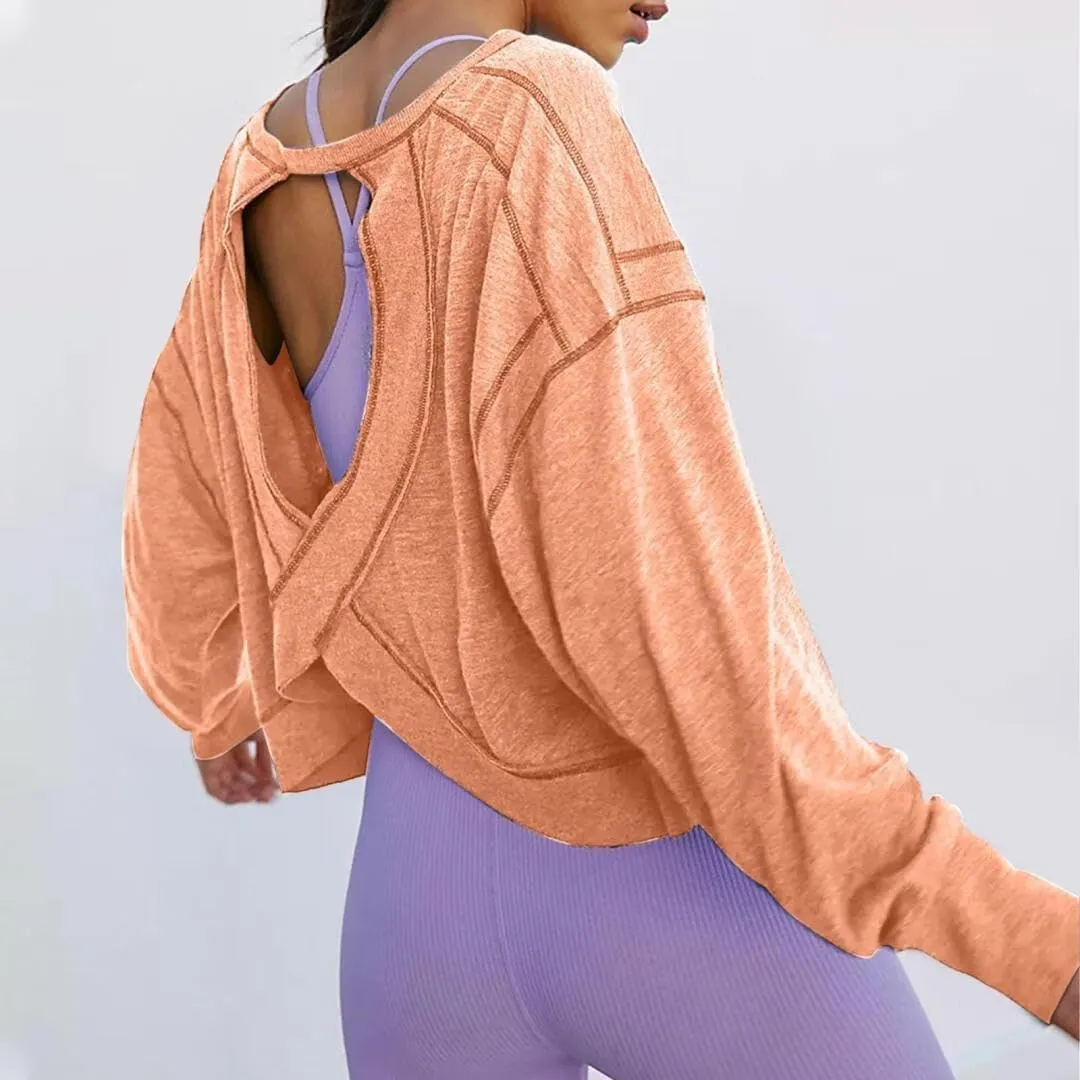 FMCHICO Backless Top for Women Crop Oversized Crewneck Pullovers Casual Loose Long Sleeve Shirts Running Y2k Yoga Outfits