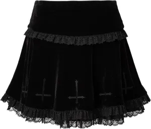 Goth Dark Mall Gothic Aesthetic Velvet Pleated Mini Skirts Women Vintage Harajuku Emo Alt Clothes High Waist Lace Ruffles Skirt(Black,L)