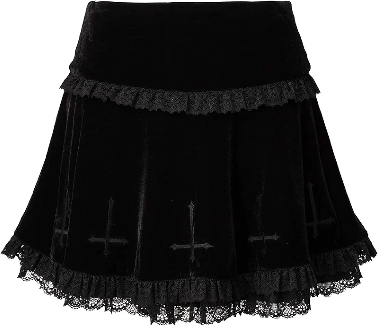 Goth Dark Mall Gothic Aesthetic Velvet Pleated Mini Skirts Women Vintage Harajuku Emo Alt Clothes High Waist Lace Ruffles Skirt(Black,L)