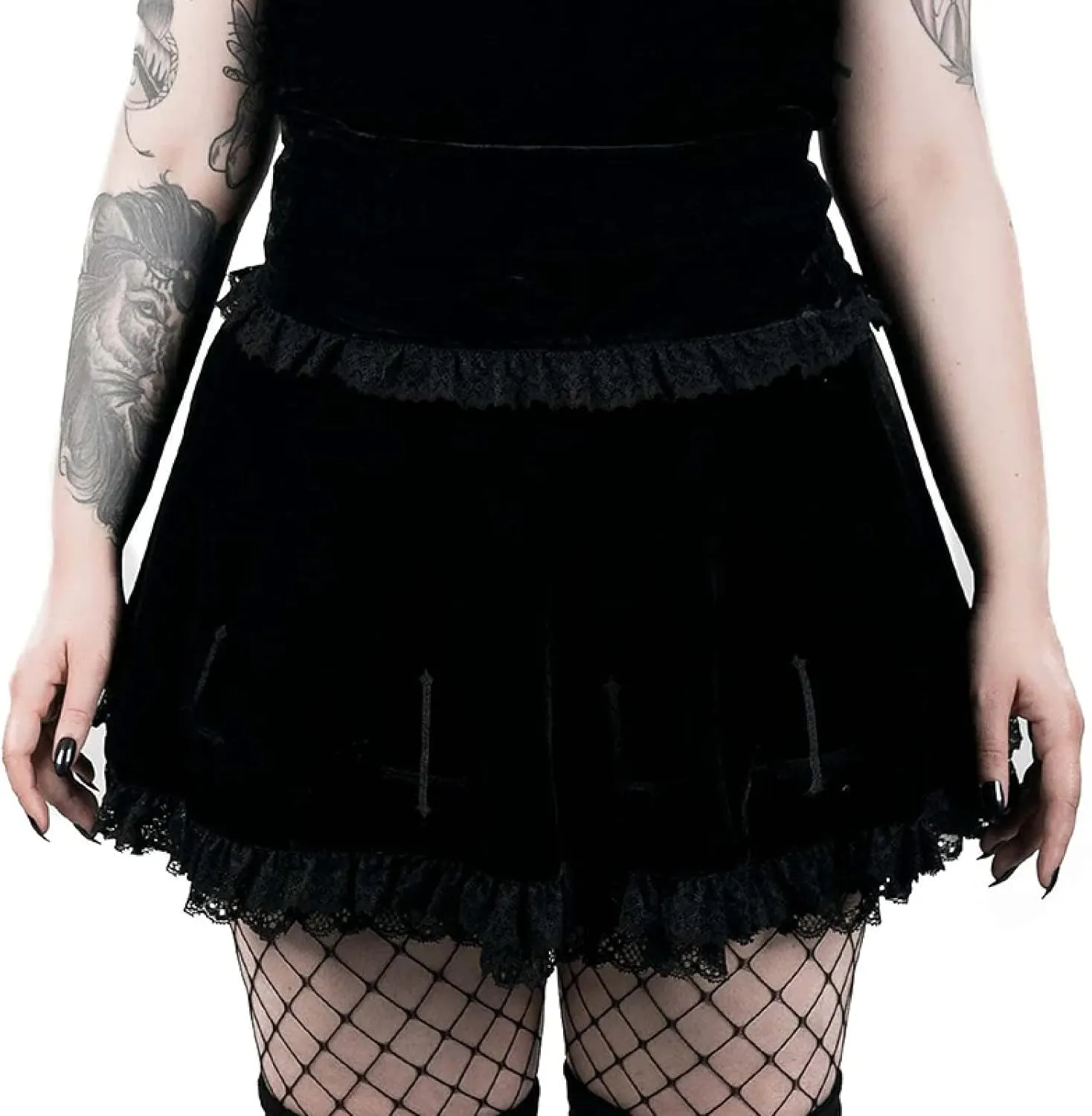 Goth Dark Mall Gothic Aesthetic Velvet Pleated Mini Skirts Women Vintage Harajuku Emo Alt Clothes High Waist Lace Ruffles Skirt(Black,L)