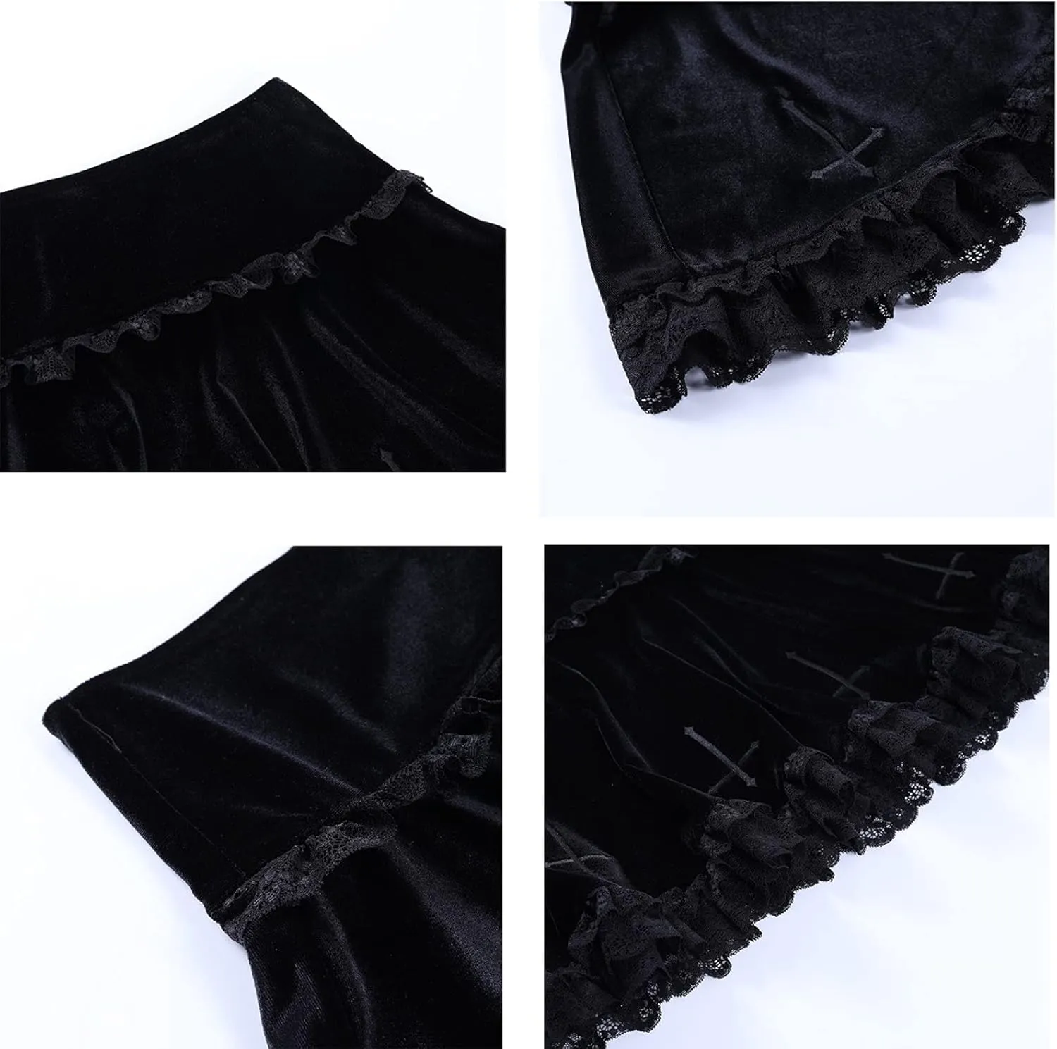 Goth Dark Mall Gothic Aesthetic Velvet Pleated Mini Skirts Women Vintage Harajuku Emo Alt Clothes High Waist Lace Ruffles Skirt(Black,L)