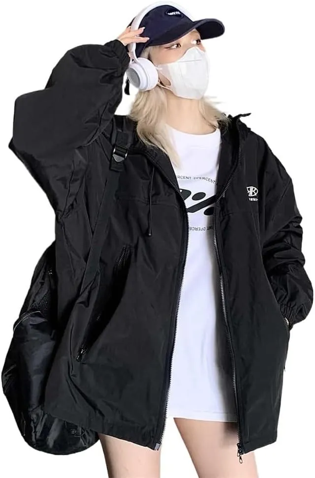 Green trench coat jacket women's oversized hip hop streetwear black waterproof hooded jacket