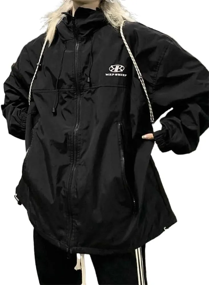 Green trench coat jacket women's oversized hip hop streetwear black waterproof hooded jacket