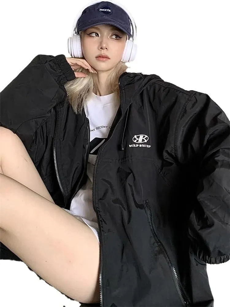 Green trench coat jacket women's oversized hip hop streetwear black waterproof hooded jacket