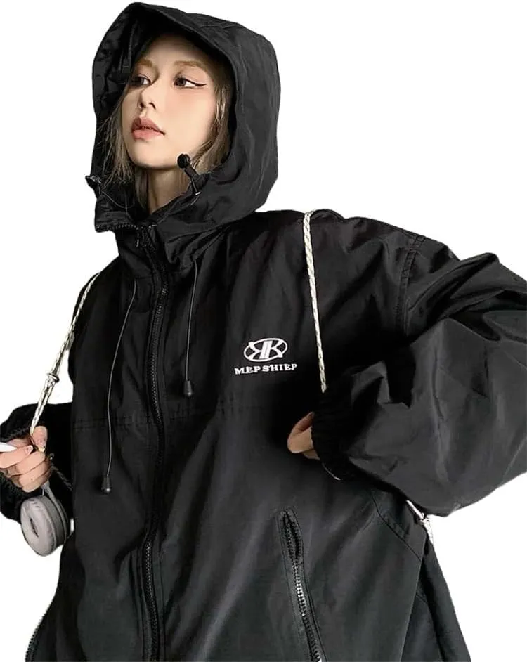 Green trench coat jacket women's oversized hip hop streetwear black waterproof hooded jacket