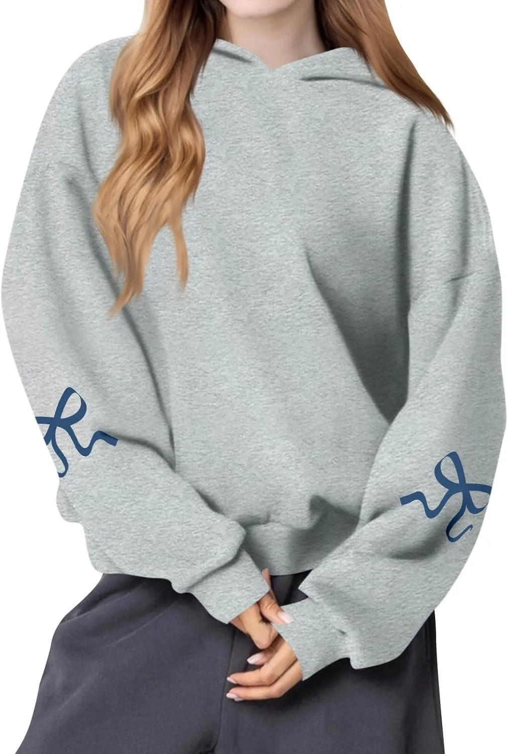 Gumipy Hoodies for Women Fleece Bow Graphic Hoodies Pullover Y2K Long Sleeve Oversized Hoodies Spring Clothes for Women 2025