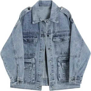 HALITOSS Women Multi Pockets Decoration Denim Jacket Girls Boyfriend Jean Coat Oversized Jeans Trucker Jackets