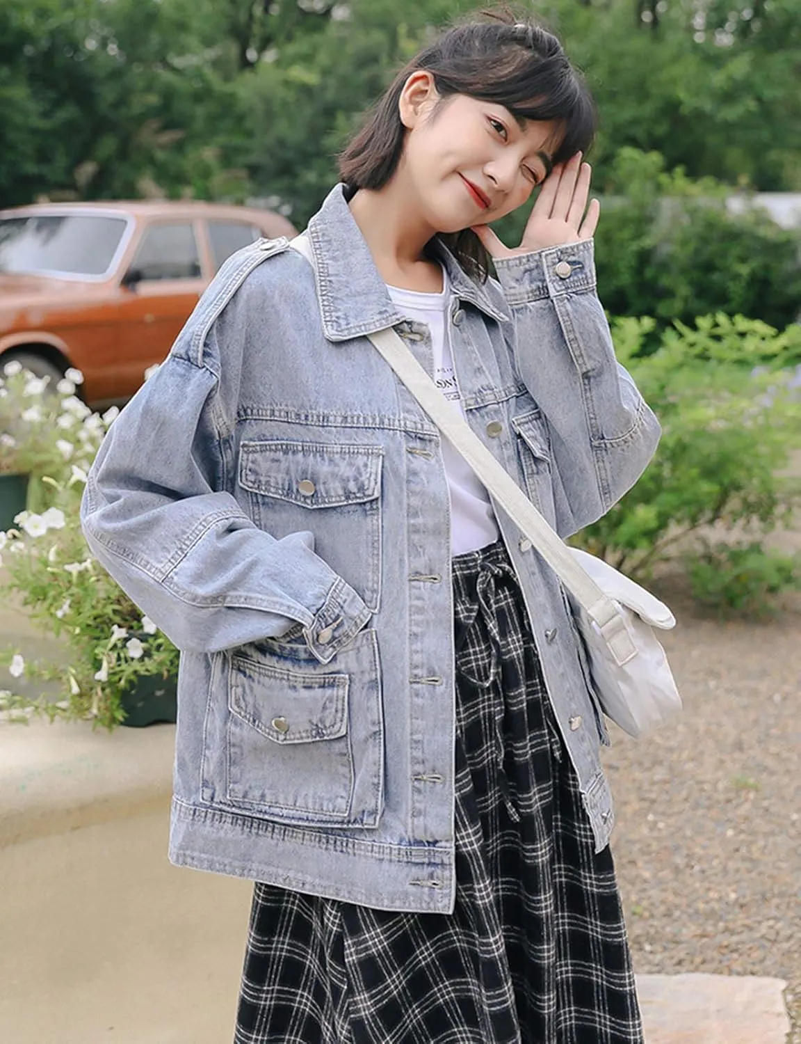 HALITOSS Women Multi Pockets Decoration Denim Jacket Girls Boyfriend Jean Coat Oversized Jeans Trucker Jackets