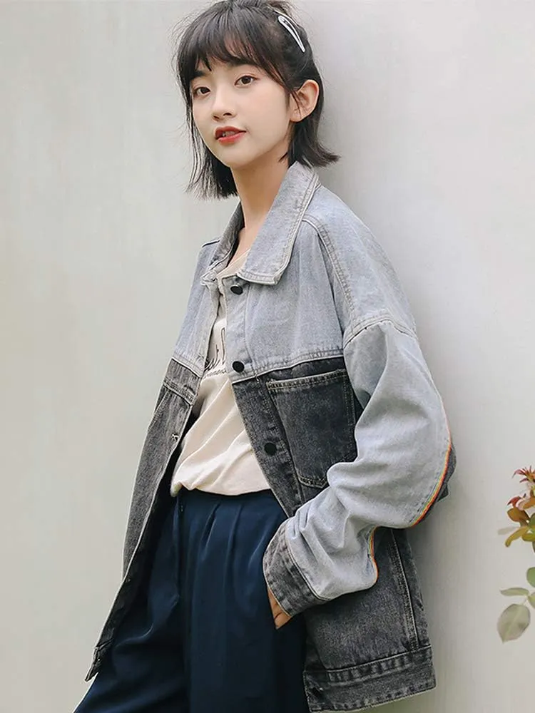 HALITOSS Women Patchwork Denim Jacket Girls Boyfriend Jean Coat Oversized Jeans Trucker Jackets