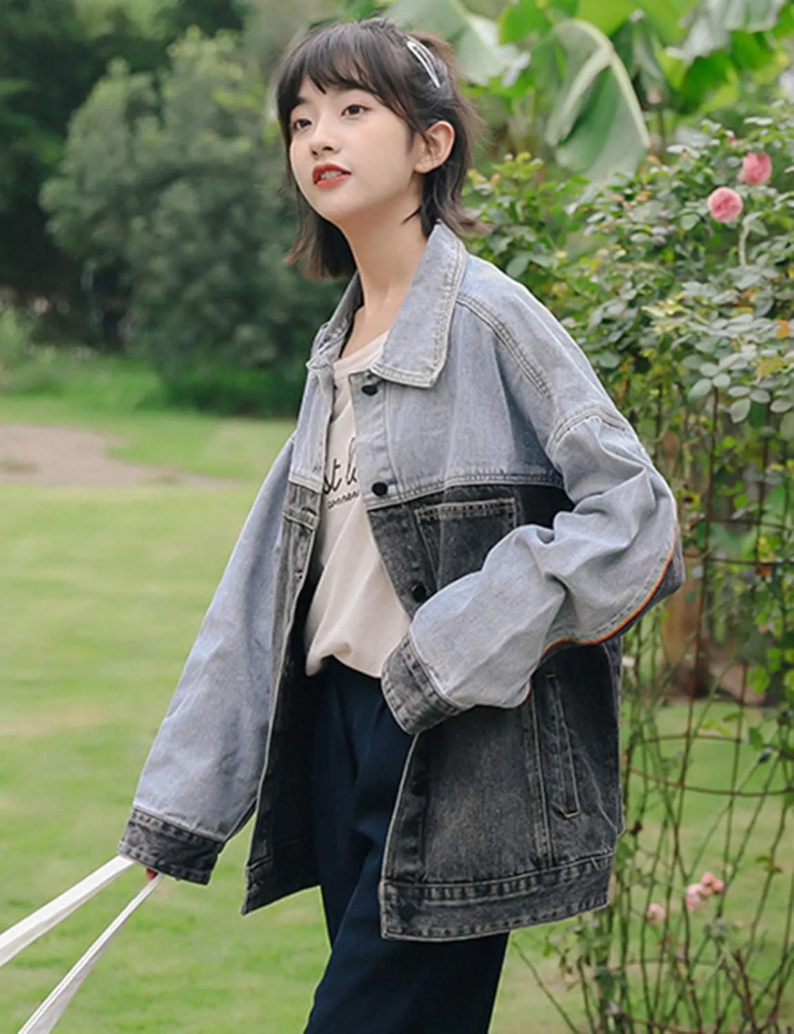 HALITOSS Women Patchwork Denim Jacket Girls Boyfriend Jean Coat Oversized Jeans Trucker Jackets