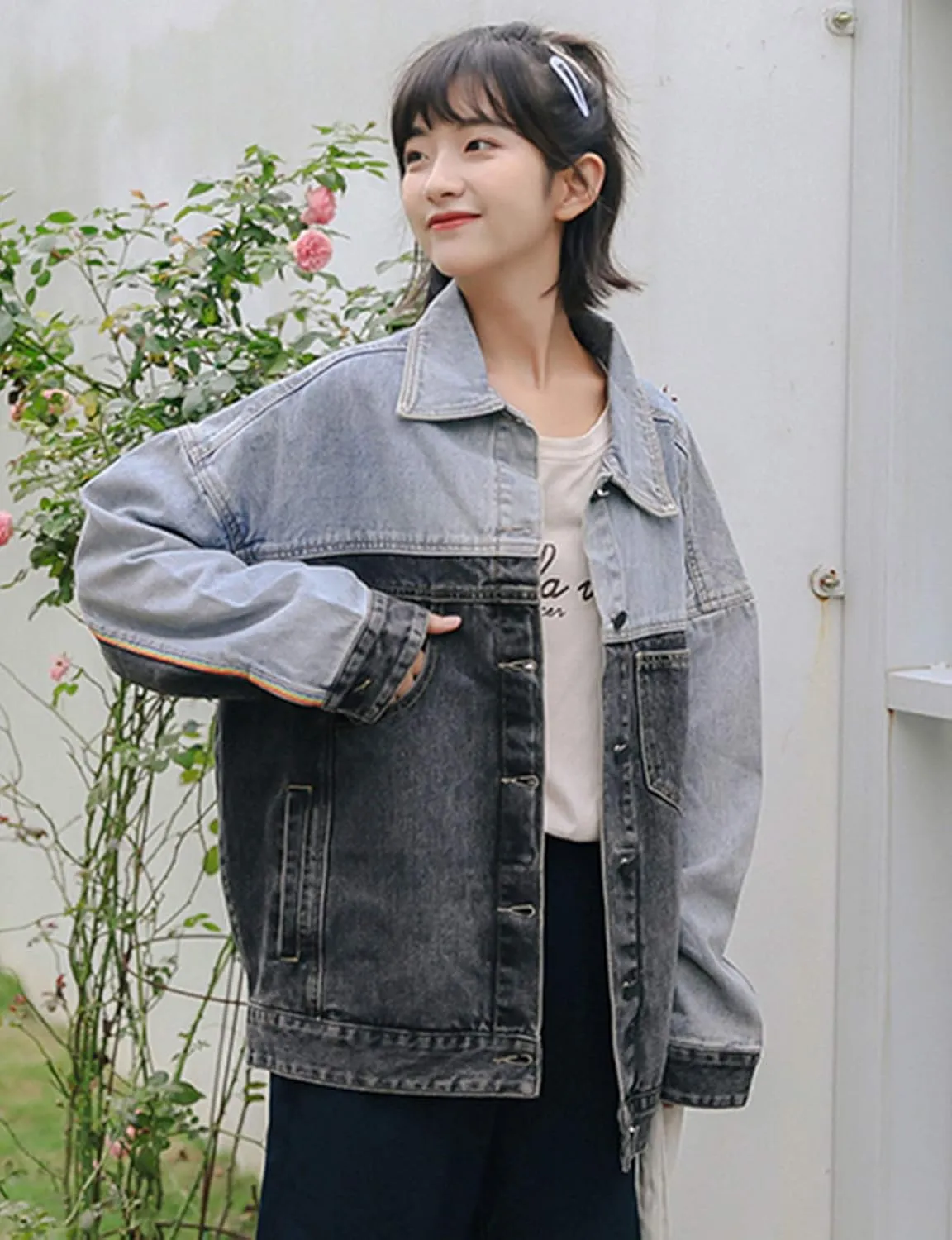 HALITOSS Women Patchwork Denim Jacket Girls Boyfriend Jean Coat Oversized Jeans Trucker Jackets