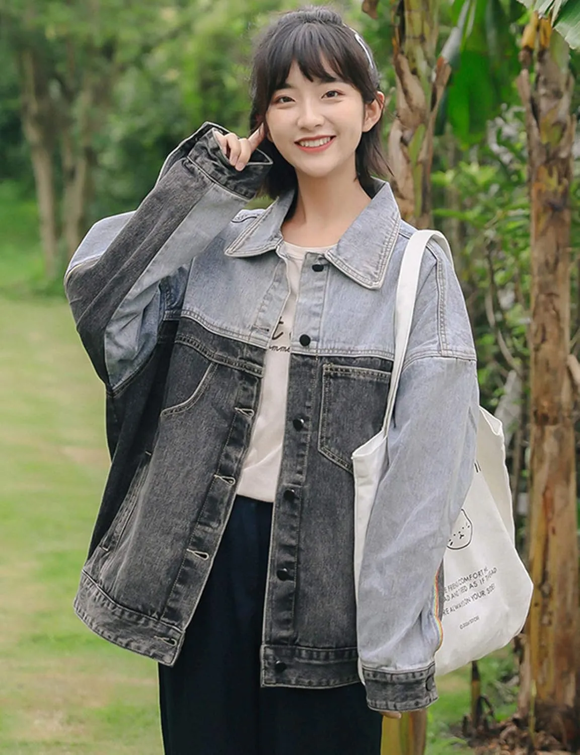 HALITOSS Women Patchwork Denim Jacket Girls Boyfriend Jean Coat Oversized Jeans Trucker Jackets