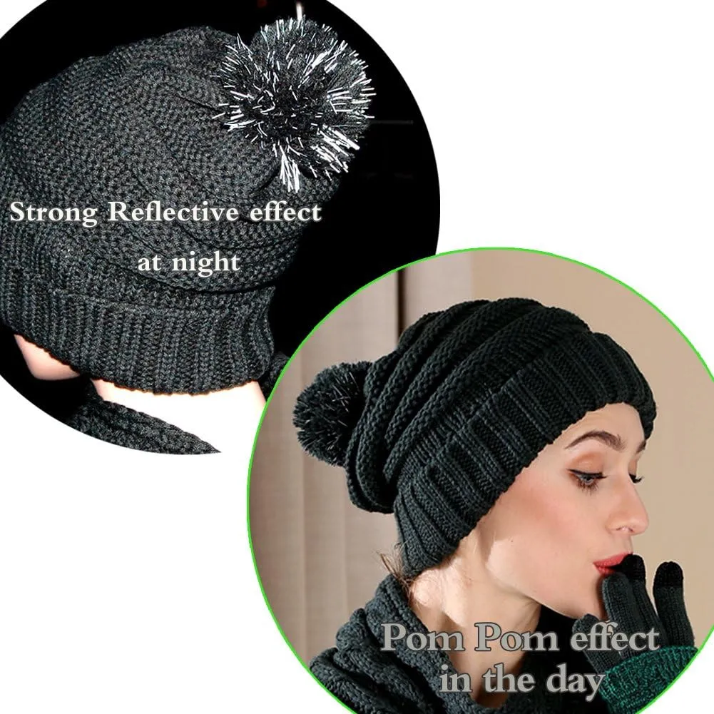 Hat Scarf and Gloves Set for Women - Cable Knit Beanie with Pom, TouchScreen Gloves, Warm Winter Gift