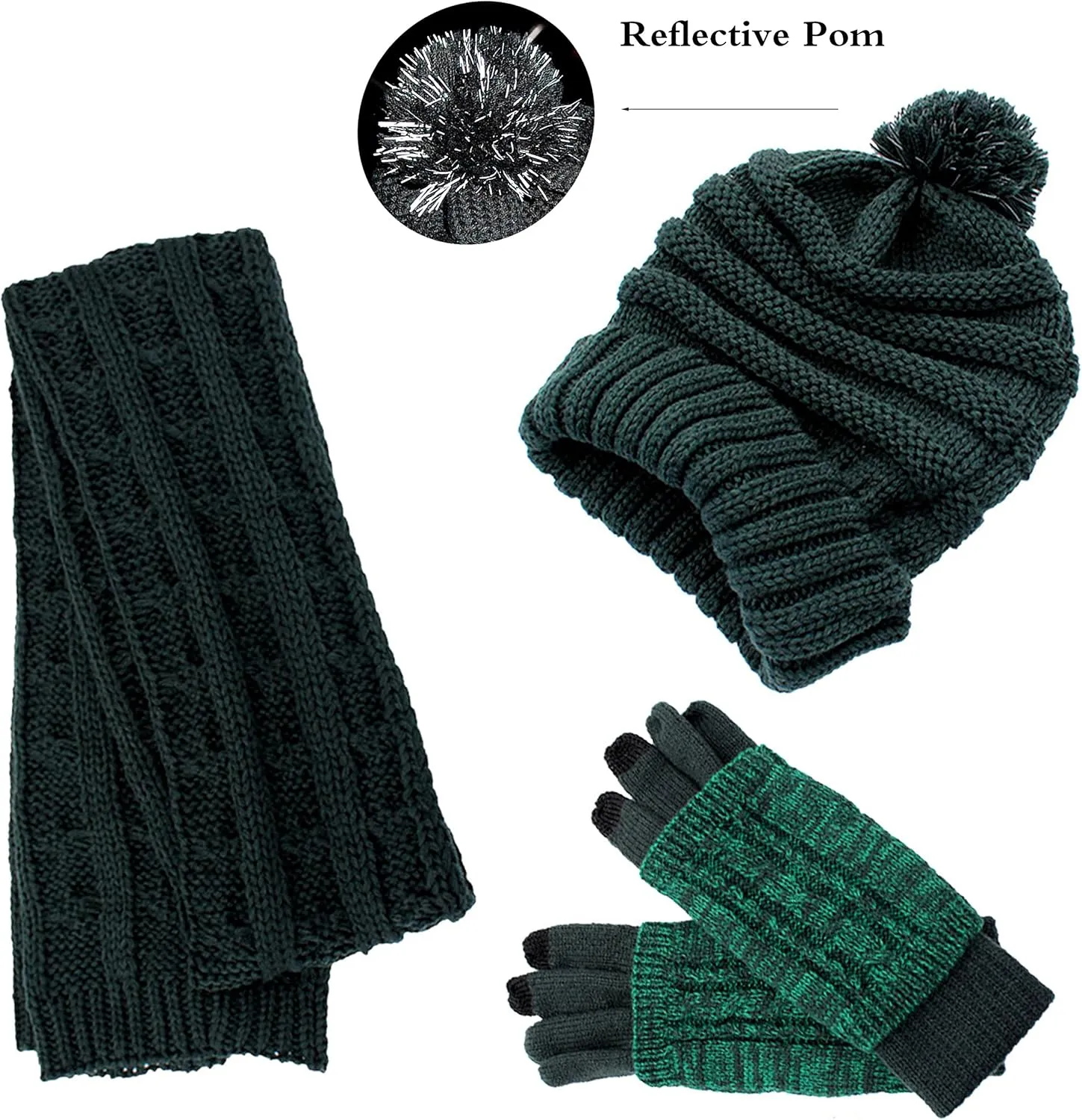 Hat Scarf and Gloves Set for Women - Cable Knit Beanie with Pom, TouchScreen Gloves, Warm Winter Gift