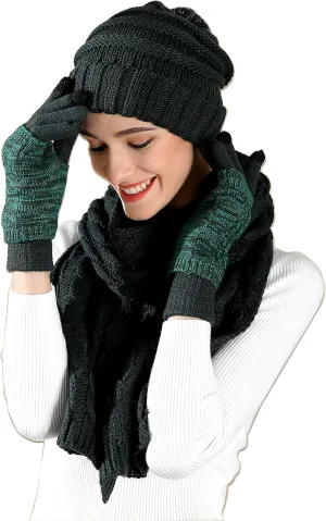 Hat Scarf and Gloves Set for Women - Cable Knit Beanie with Pom, TouchScreen Gloves, Warm Winter Gift