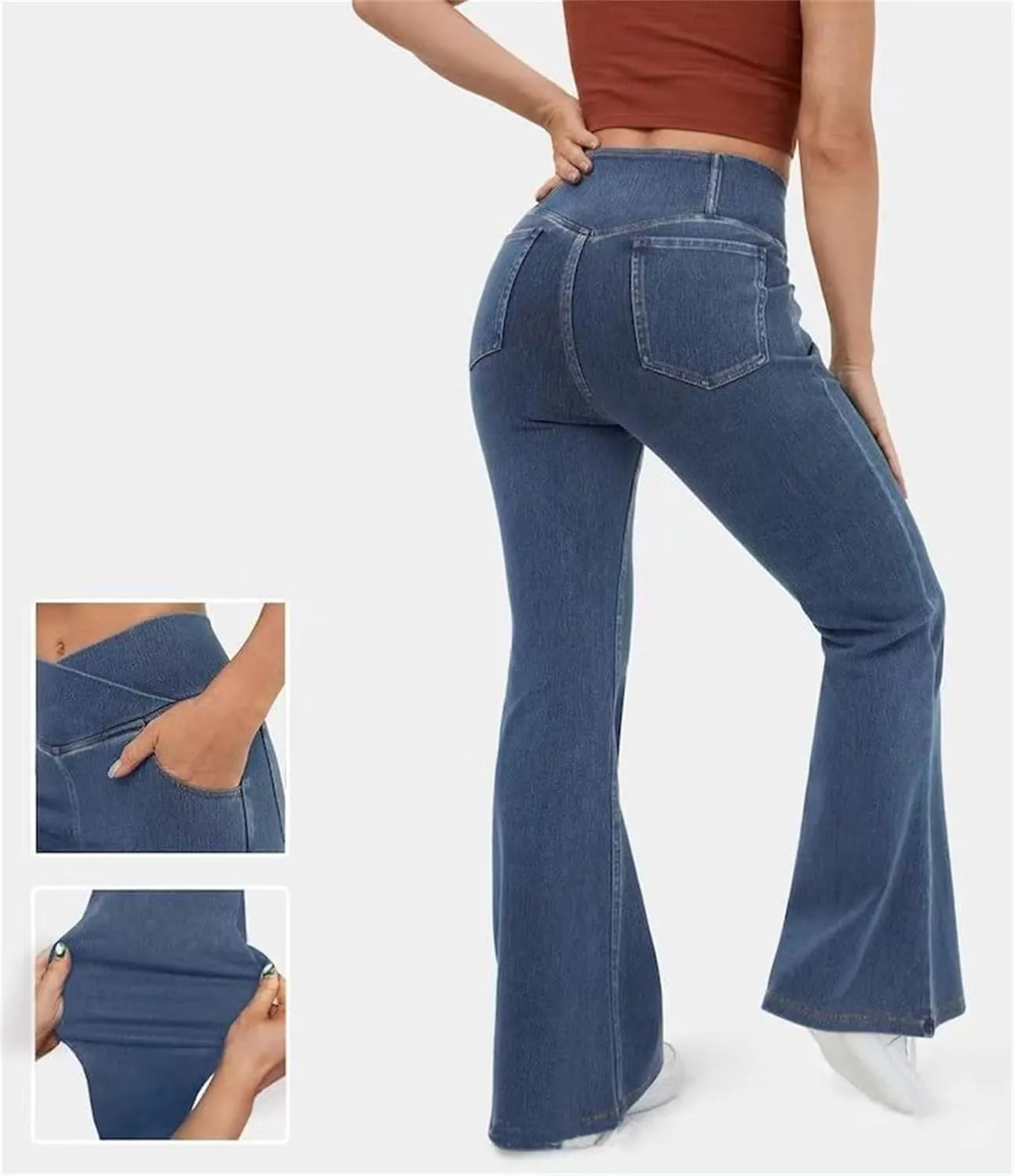 High Waisted Crossover Stretch Wide Leg Denim Flare Jegging, Stretchy Flare Leggings with Pockets, High Waisted Jeans