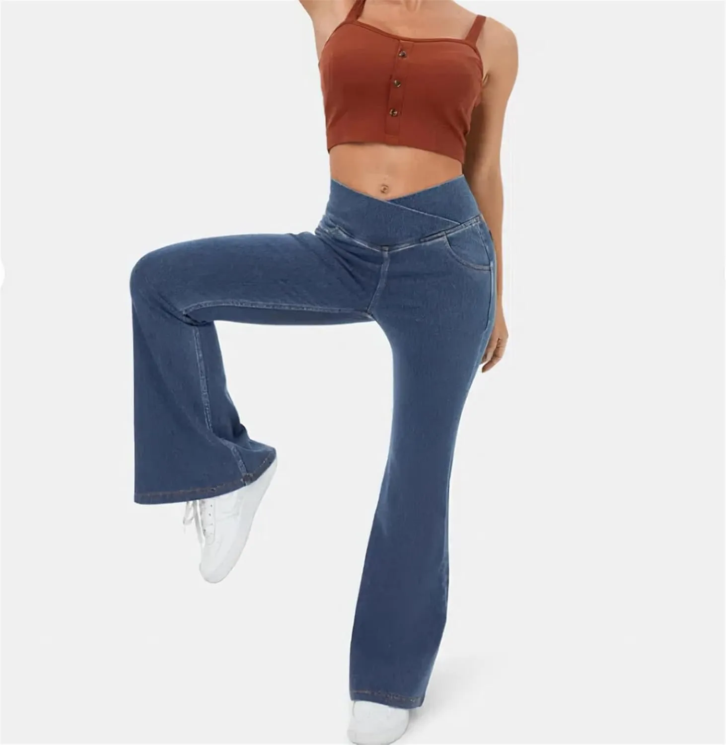 High Waisted Crossover Stretch Wide Leg Denim Flare Jegging, Stretchy Flare Leggings with Pockets, High Waisted Jeans