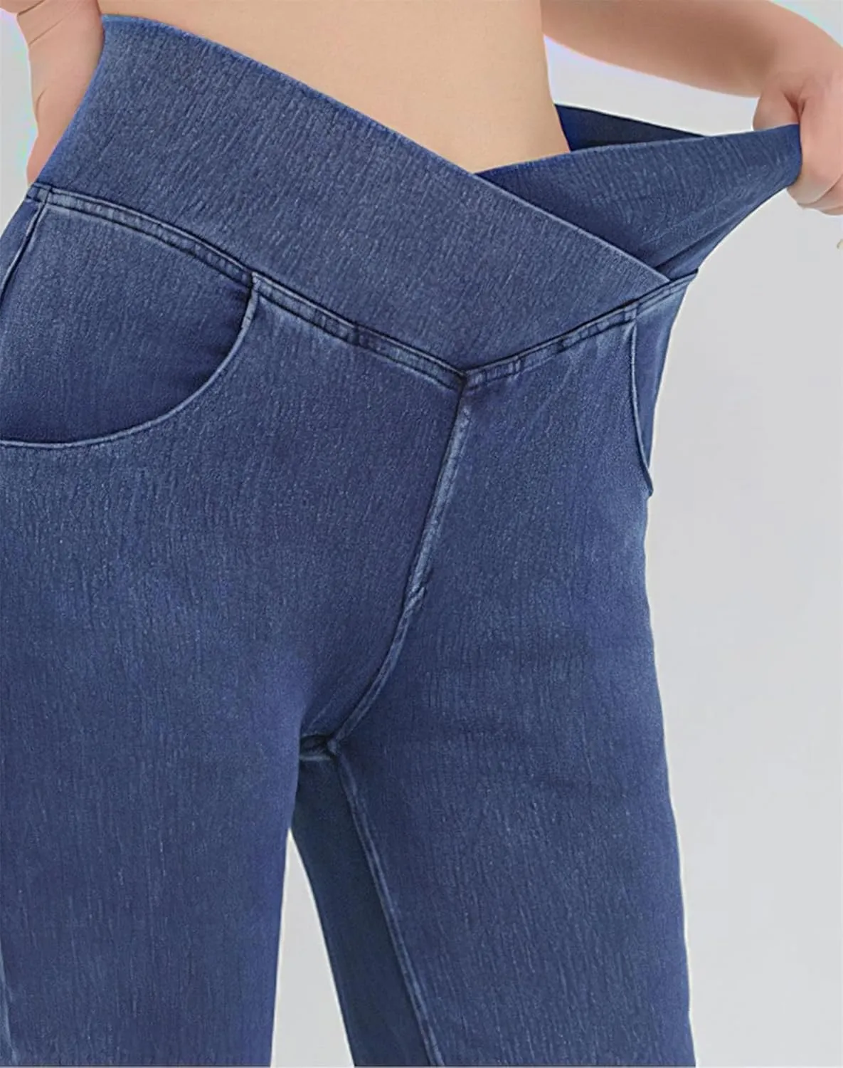 High Waisted Crossover Stretch Wide Leg Denim Flare Jegging, Stretchy Flare Leggings with Pockets, High Waisted Jeans