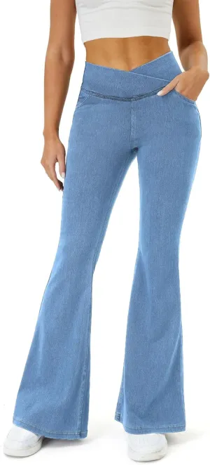 High Waisted Crossover Stretch Wide Leg Denim Flare Jegging, Stretchy Flare Leggings with Pockets, High Waisted Jeans