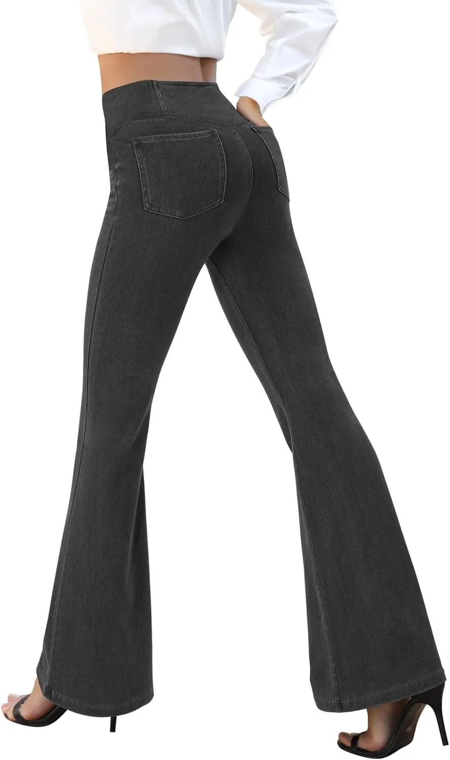 High Waisted Crossover Stretch Wide Leg Denim Flare Jegging, Stretchy Flare Leggings with Pockets, High Waisted Jeans